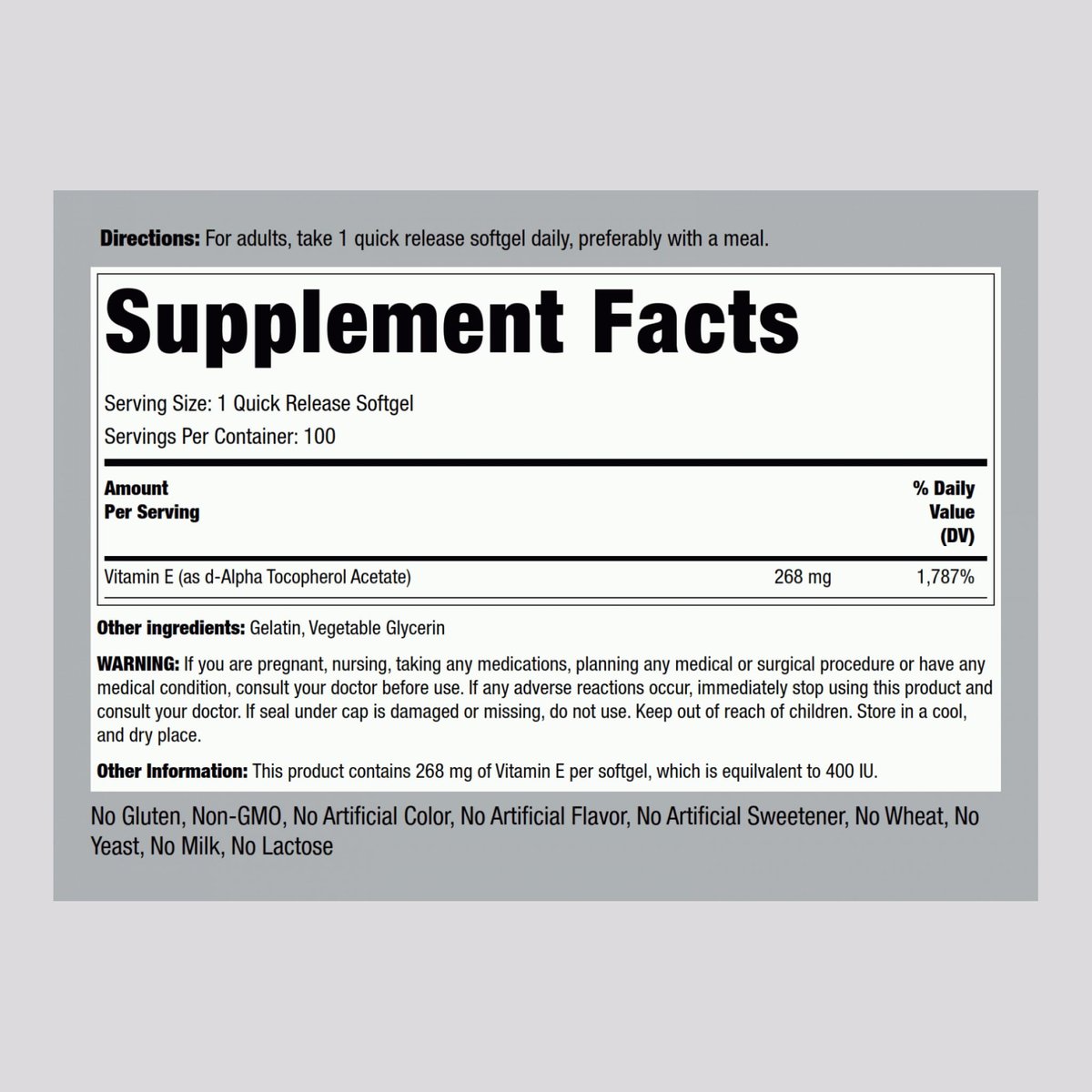 Piping Rock Vitamin E 400 IU Weichkapseln | 268 mg | 100 Kapseln | D-Alpha-Tocopherol | Non-GMO, Glutenfrei