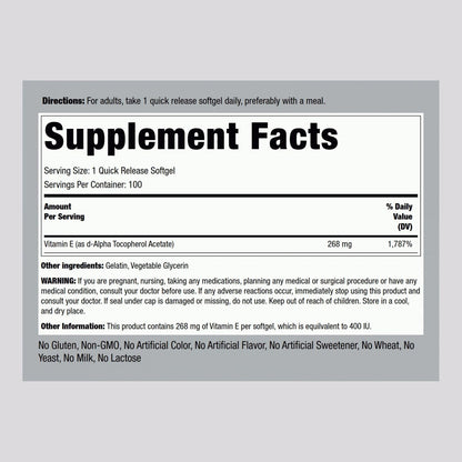 Piping Rock Vitamin E 400 IU Weichkapseln | 268 mg | 100 Kapseln | D-Alpha-Tocopherol | Non-GMO, Glutenfrei