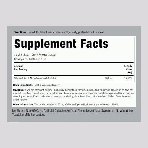 Piping Rock Vitamin E 400 IU Weichkapseln | 268 mg | 100 Kapseln | D-Alpha-Tocopherol | Non-GMO, Glutenfrei