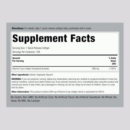Piping Rock Vitamin E 400 IU Weichkapseln | 268 mg | 100 Kapseln | D-Alpha-Tocopherol | Non-GMO, Glutenfrei