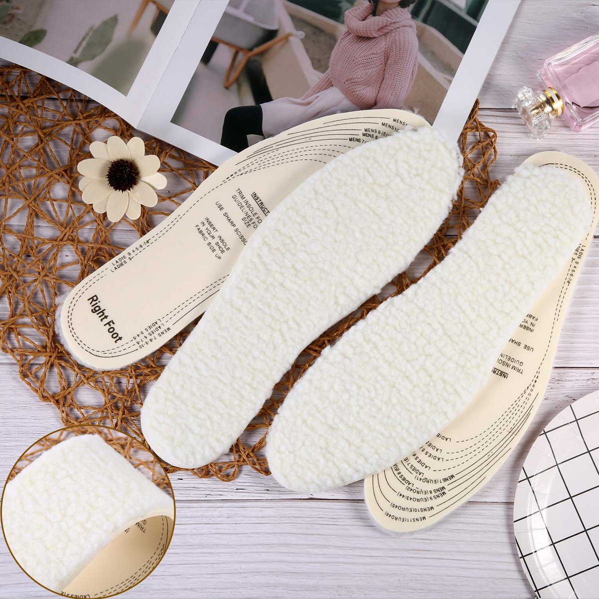 Frienda 2 Paar Woll-Einlegesohlen für kaltes Wetter – zuschneidbar, flauschige Schuheinlagen für Damen und Herren, beige