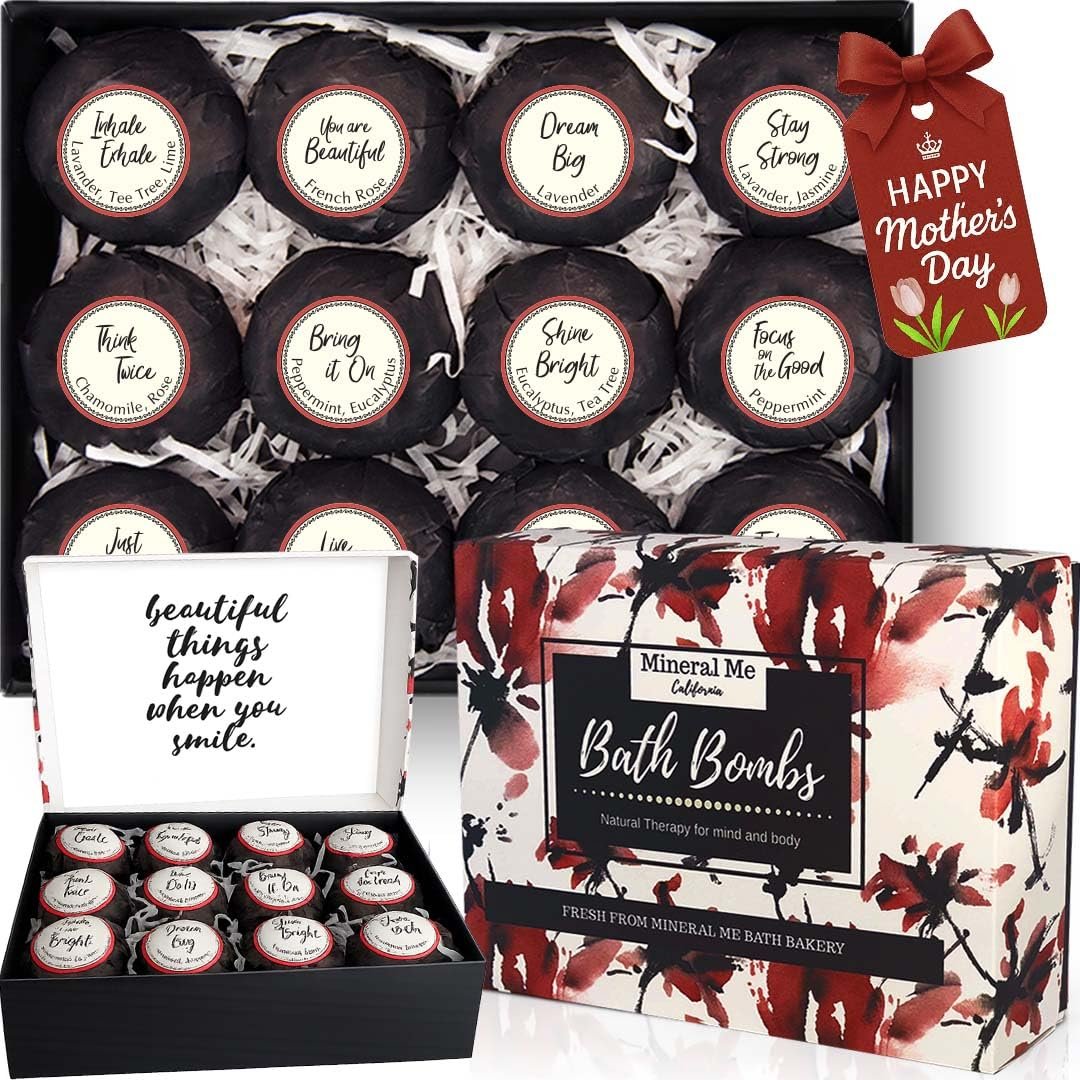 Entspannende Badebomben für Frauen mit inspirierenden Botschaften – 12 natürliche & biologische Badekugeln mit ätherischen Ölen & Sheabutter. Geschenk zum Geburtstag, Muttertag für Mama, Ehefrau