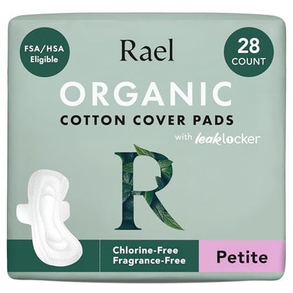 Rael Damenbinden für Frauen, Bio-Baumwollbezug – Periodenbinde mit Flügeln, Damenhygiene, Slipeinlagen, leichte Saugfähigkeit, unparfümiert, ultradünn (Petite, 28 Stück)