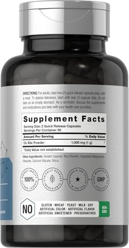 Horbäach Ox Galle Supplement | 1000 mg | 100 Kapseln | Verdauungsenzyme | Non-GMO & Glutenfrei