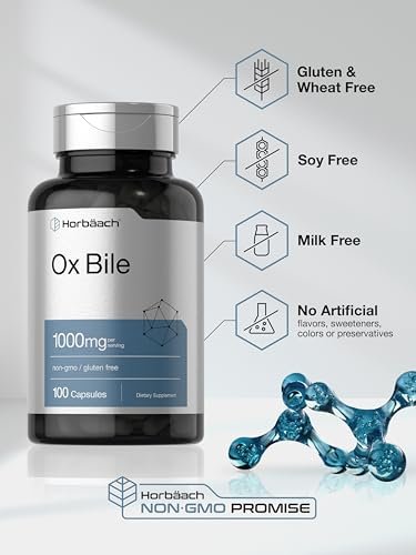 Horbäach Ox Galle Supplement | 1000 mg | 100 Kapseln | Verdauungsenzyme | Non-GMO & Glutenfrei