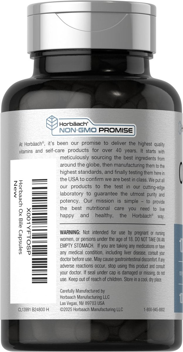 Horbäach Ox Galle Supplement | 1000 mg | 100 Kapseln | Verdauungsenzyme | Non-GMO & Glutenfrei