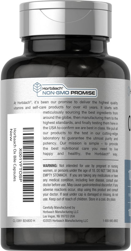 Horbäach Ox Galle Supplement | 1000 mg | 100 Kapseln | Verdauungsenzyme | Non-GMO & Glutenfrei