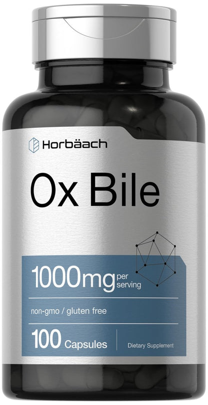 Horbäach Ox Galle Supplement | 1000 mg | 100 Kapseln | Verdauungsenzyme | Non-GMO & Glutenfrei