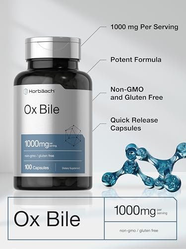 Horbäach Ox Galle Supplement | 1000 mg | 100 Kapseln | Verdauungsenzyme | Non-GMO & Glutenfrei