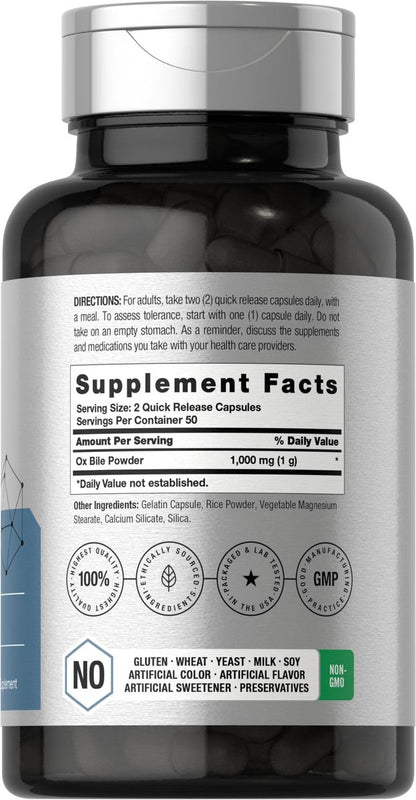 Horbäach Ox Galle Supplement | 1000 mg | 100 Kapseln | Verdauungsenzyme | Non-GMO & Glutenfrei