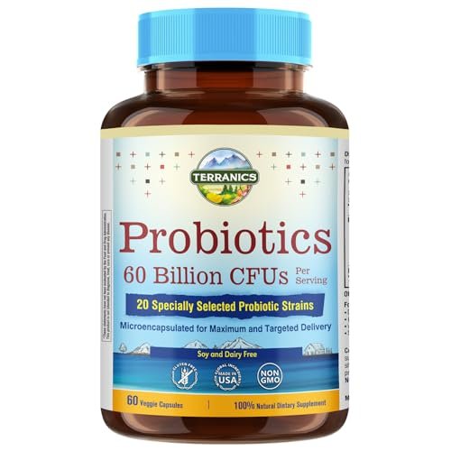Terranics Probiotika 60 Milliarden CFU, 20 Stämme, 60 vegane Kapseln - Präbiotika & Probiotika, haltbares Nahrungsergänzungsmittel für Männer & Frauen, Non-GMO, ohne Soja, Milch & Gluten