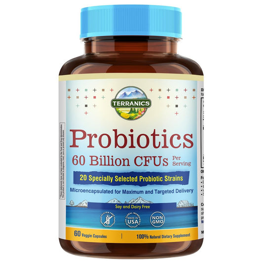 Terranics Probiotika 60 Milliarden CFU, 20 Stämme, 60 vegane Kapseln - Präbiotika & Probiotika, haltbares Nahrungsergänzungsmittel für Männer & Frauen, Non-GMO, ohne Soja, Milch & Gluten