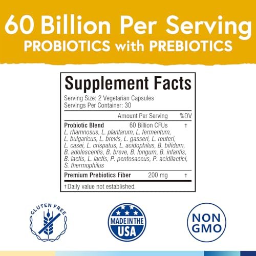Terranics Probiotika 60 Milliarden CFU, 20 Stämme, 60 vegane Kapseln - Präbiotika & Probiotika, haltbares Nahrungsergänzungsmittel für Männer & Frauen, Non-GMO, ohne Soja, Milch & Gluten