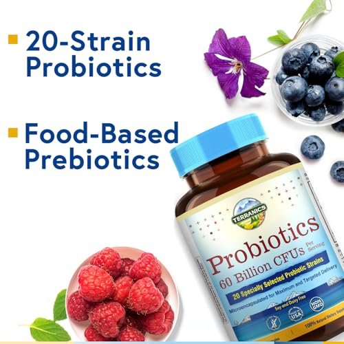 Terranics Probiotika 60 Milliarden CFU, 20 Stämme, 60 vegane Kapseln - Präbiotika & Probiotika, haltbares Nahrungsergänzungsmittel für Männer & Frauen, Non-GMO, ohne Soja, Milch & Gluten