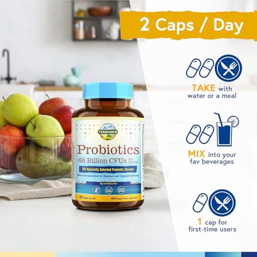 Terranics Probiotika 60 Milliarden CFU, 20 Stämme, 60 vegane Kapseln - Präbiotika & Probiotika, haltbares Nahrungsergänzungsmittel für Männer & Frauen, Non-GMO, ohne Soja, Milch & Gluten