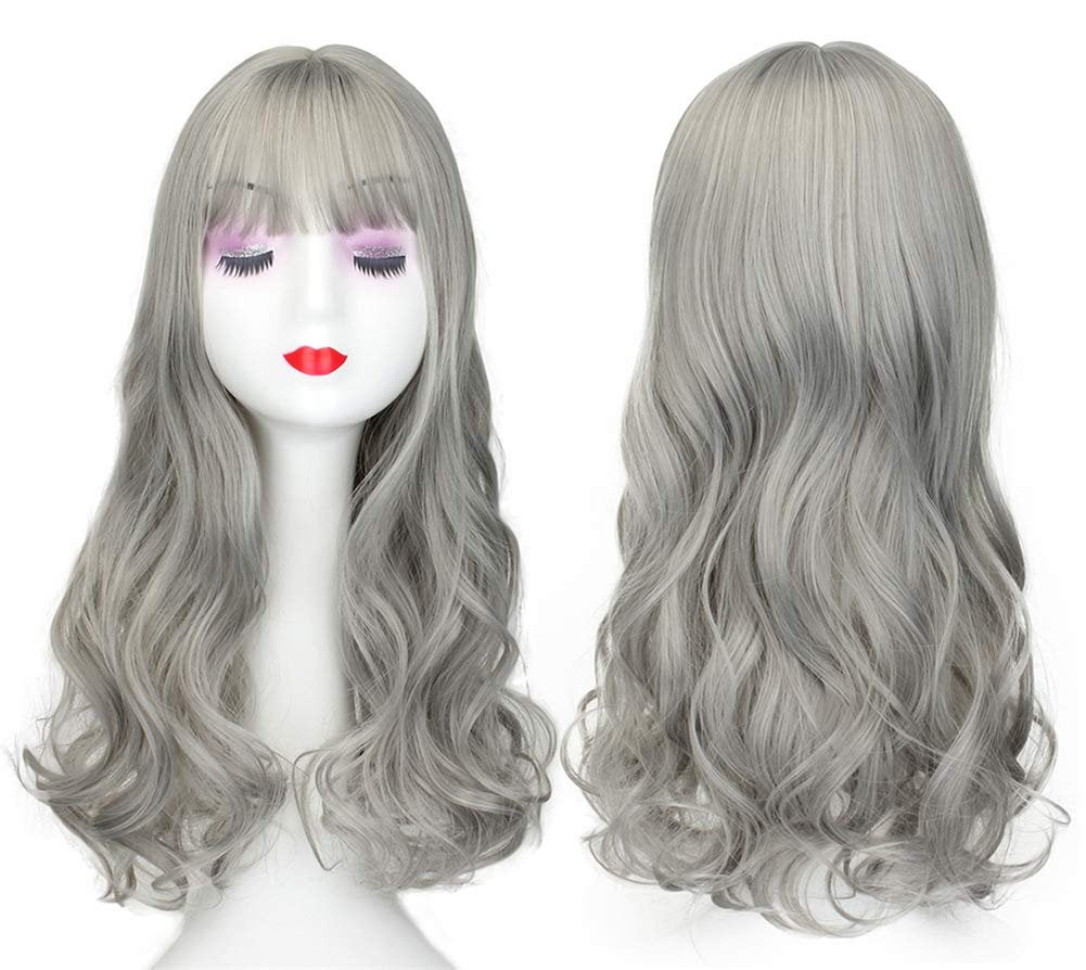 LXUE 20" Langes gewelltes Clip-in-Wiglet-Topper für dünner werdendes Haar mit Pony, Grau