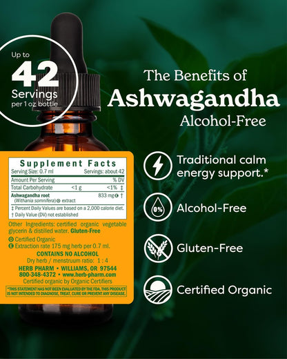 Herb Pharm Bioaktiver Ashwagandha-Flüssigextrakt ohne Alkohol – Stimmungsunterstützung, veganes Ashwagandha-Wurzel-Glycerit, geschmackvolles Adaptogen für Erwachsene, nicht-GVO, 30 ml