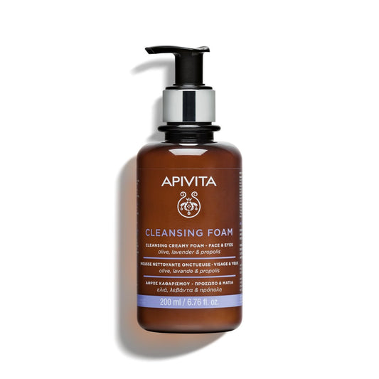 Apivita Reinigungsschaum, Feuchtigkeitsspendender & Beruhigender Cremeschaum für Gesicht & Augen mit Olive, Lavendel & Propolis, 200 ml