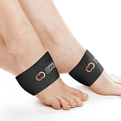 Kupfer-Kompressions-Fußgewölbestützen mit Polsterung – Gezielte Unterstützung bei Plantarfasziitis, Schmerzen, Plattfüßen und hohen Fußgewölben – Atmungsaktiv für Damen und Herren – Schwarz