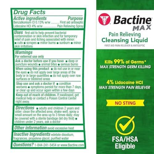 Bactine Max Schmerzlinderndes Antiseptikum Spray mit Lidocain, Erste Hilfe Schmerz + Juckreiz Linderung, Ohne Stechen, Tötet 99% der Keime*, 5oz