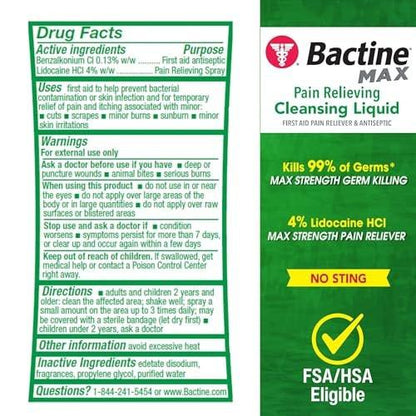 Bactine Max Schmerzlinderndes Antiseptikum Spray mit Lidocain, Erste Hilfe Schmerz + Juckreiz Linderung, Ohne Stechen, Tötet 99% der Keime*, 5oz