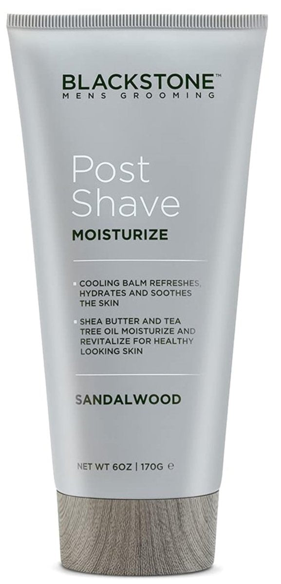 Blackstone Men's Grooming Post Shave Moisturizer mit Teebaumöl, Sheabutter, Vitamin E & Aloe | Beruhigender kühlender Balsam | Parfümfrei | Sandelholz (177 ml)