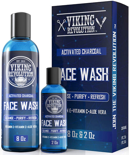 Viking Revolution Holzkohle-Gesichtsreinigung für Männer – Peeling und Reinigung für klare, frische Haut – Täglicher Reiniger mit Aktivkohle – 2-teiliges Set (236 ml + 59 ml)