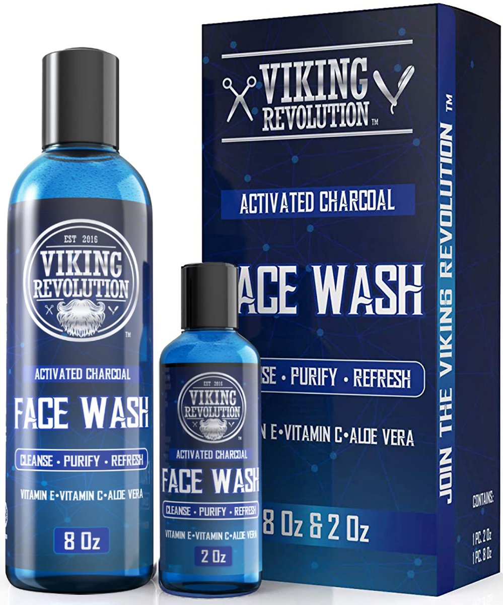 Viking Revolution Holzkohle-Gesichtsreinigung für Männer – Peeling und Reinigung für klare, frische Haut – Täglicher Reiniger mit Aktivkohle – 2-teiliges Set (236 ml + 59 ml)