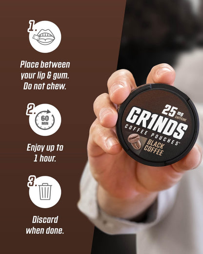 Grinds Kaffeebeutel 18 Stück pro Dose | 3 Dosen Black Coffee | Koffeinbeutel | Saubere Energieoption | Tragbare Energie | Kein Crash, kein Zittern | B-Vitamine | Fokus | Zuckerfrei | Braufreier Kaffee