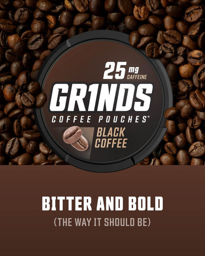 Grinds Kaffeebeutel 18 Stück pro Dose | 3 Dosen Black Coffee | Koffeinbeutel | Saubere Energieoption | Tragbare Energie | Kein Crash, kein Zittern | B-Vitamine | Fokus | Zuckerfrei | Braufreier Kaffee
