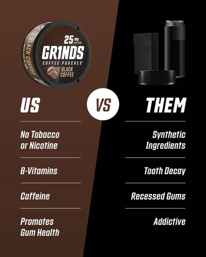Grinds Kaffeebeutel 18 Stück pro Dose | 3 Dosen Black Coffee | Koffeinbeutel | Saubere Energieoption | Tragbare Energie | Kein Crash, kein Zittern | B-Vitamine | Fokus | Zuckerfrei | Braufreier Kaffee