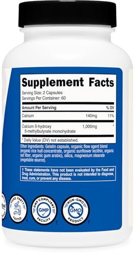 Nutricost HMB (Beta-Hydroxy Beta-Methylbutyrat) 1000mg – 120 Kapseln, 500mg pro Kapsel, 60 Portionen – Glutenfrei und Nicht-GVO