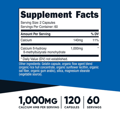 Nutricost HMB (Beta-Hydroxy Beta-Methylbutyrat) 1000mg – 120 Kapseln, 500mg pro Kapsel, 60 Portionen – Glutenfrei und Nicht-GVO