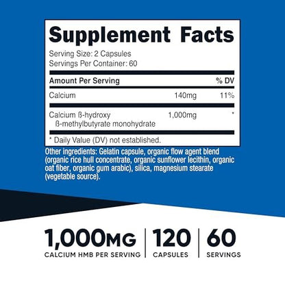 Nutricost HMB (Beta-Hydroxy Beta-Methylbutyrat) 1000mg – 120 Kapseln, 500mg pro Kapsel, 60 Portionen – Glutenfrei und Nicht-GVO