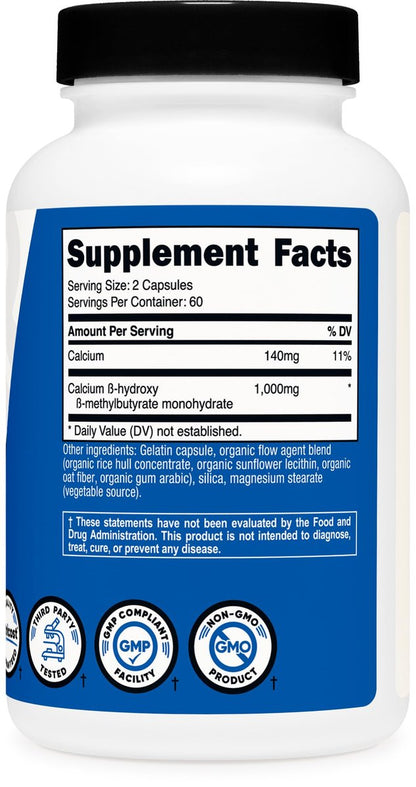 Nutricost HMB (Beta-Hydroxy Beta-Methylbutyrat) 1000mg – 120 Kapseln, 500mg pro Kapsel, 60 Portionen – Glutenfrei und Nicht-GVO