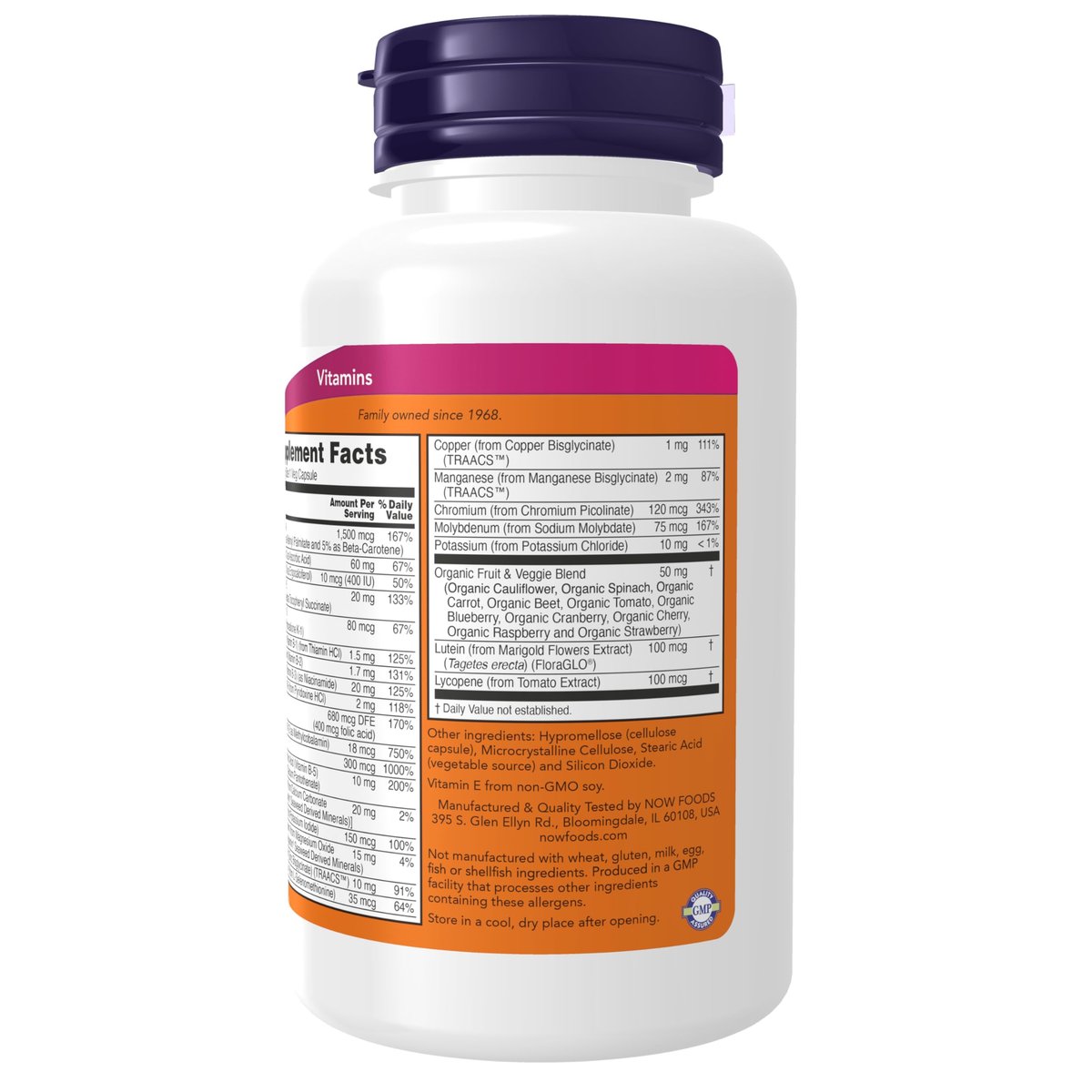 NOW Foods Tägliche Vitamine mit Obst- und Gemüsemischung, Lutein und Lycopin, 120 vegane Kapseln
