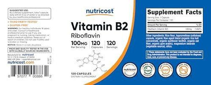 Nutricost Vitamin B2 (Riboflavin) 100mg, 120 Kapseln - Glutenfrei und Nicht-GVO