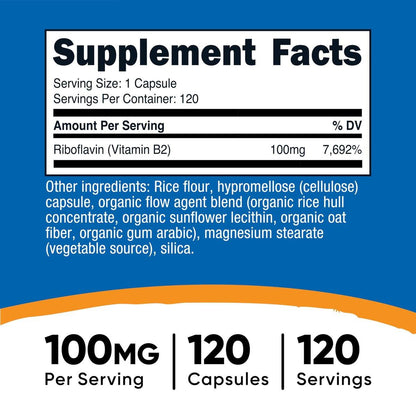 Nutricost Vitamin B2 (Riboflavin) 100mg, 120 Kapseln - Glutenfrei und Nicht-GVO
