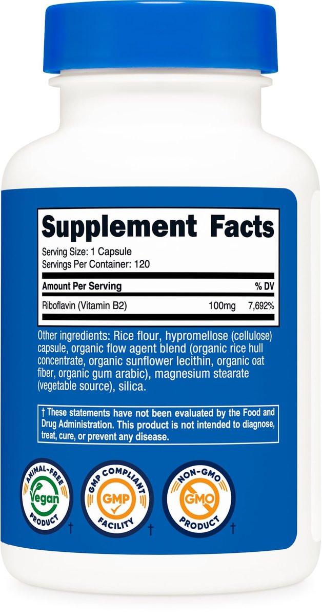 Nutricost Vitamin B2 (Riboflavin) 100mg, 120 Kapseln - Glutenfrei und Nicht-GVO