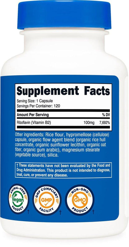 Nutricost Vitamin B2 (Riboflavin) 100mg, 120 Kapseln - Glutenfrei und Nicht-GVO