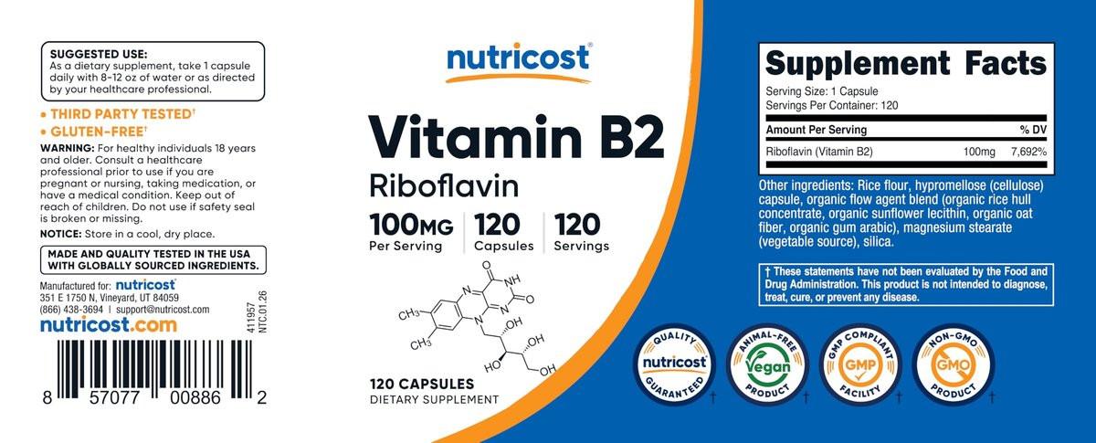 Nutricost Vitamin B2 (Riboflavin) 100mg, 120 Kapseln - Glutenfrei und Nicht-GVO