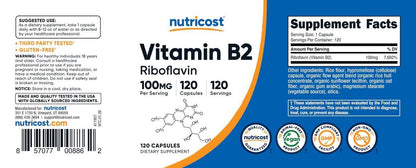 Nutricost Vitamin B2 (Riboflavin) 100mg, 120 Kapseln - Glutenfrei und Nicht-GVO