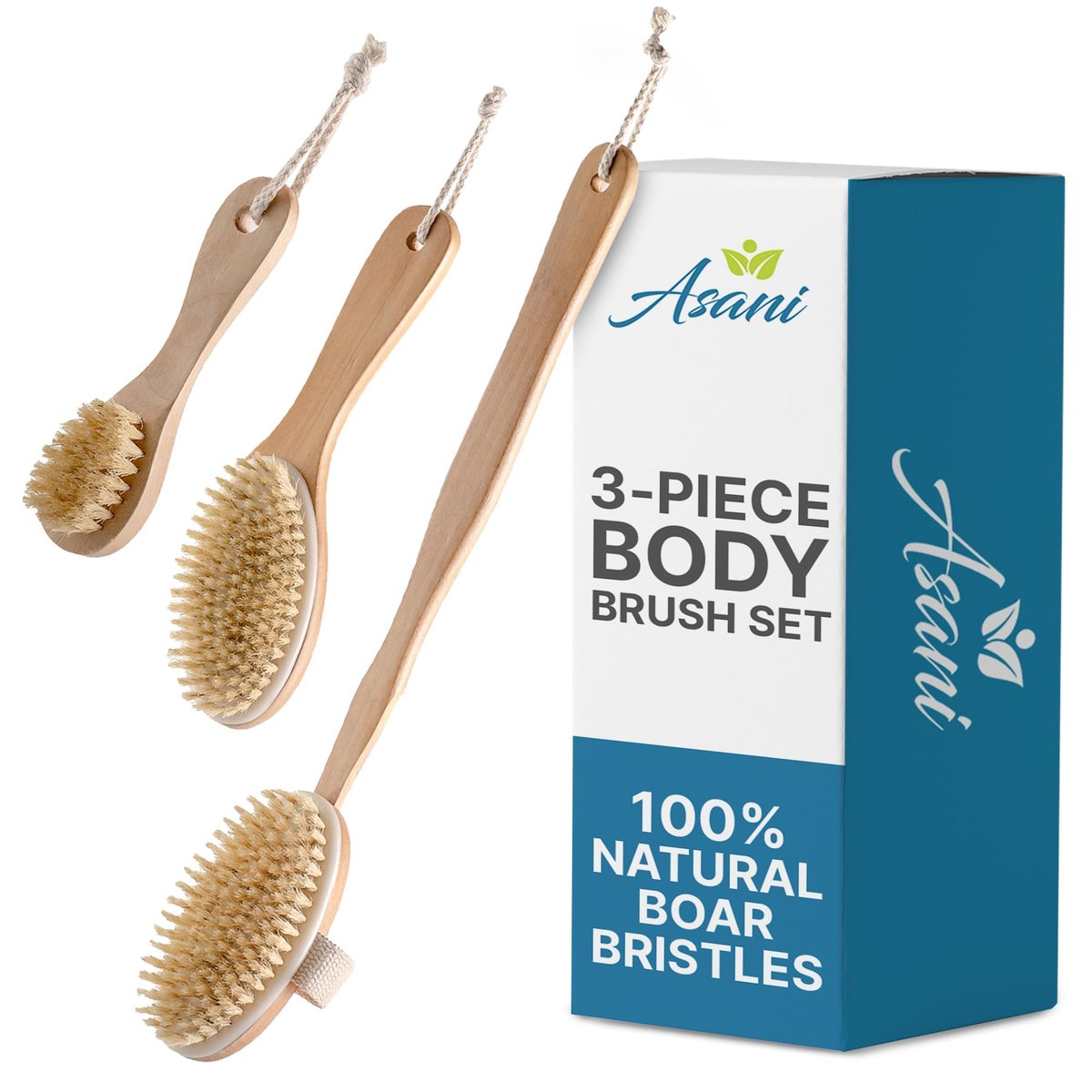 Asani Trockenbürsten-Set für Lymphdrainage & Cellulite – 3-teiliges Set mit abnehmbarer Rückenbürste, Kontur- und Gesichtsbürste – Bio-Geschenk für trockene Haut, Peeling und belebende Duschen