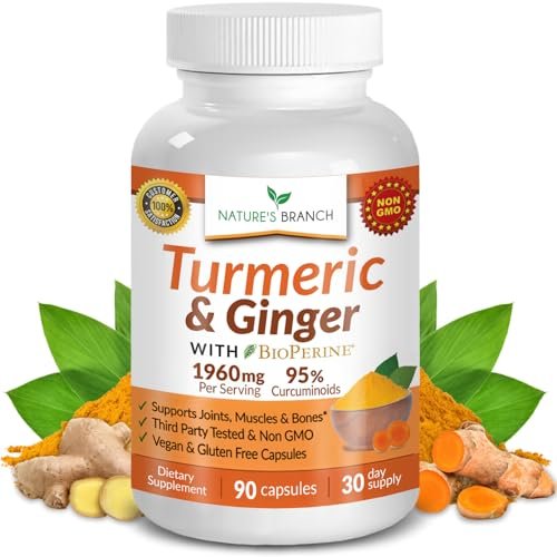Kurkuma und Ingwer Kapseln für Gelenkunterstützung & Muskelkomfort – 1960 mg Bio Kurkuma Curcumin mit BioPerin Schwarzer Pfeffer Extrakt für Männer & Frauen, 95% Curcuminoide, Vegan & Nicht-GMO – 90 Kapseln