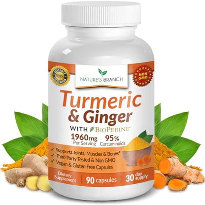 Kurkuma und Ingwer Kapseln für Gelenkunterstützung & Muskelkomfort – 1960 mg Bio Kurkuma Curcumin mit BioPerin Schwarzer Pfeffer Extrakt für Männer & Frauen, 95% Curcuminoide, Vegan & Nicht-GMO – 90 Kapseln
