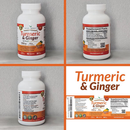 Kurkuma und Ingwer Kapseln für Gelenkunterstützung & Muskelkomfort – 1960 mg Bio Kurkuma Curcumin mit BioPerin Schwarzer Pfeffer Extrakt für Männer & Frauen, 95% Curcuminoide, Vegan & Nicht-GMO – 90 Kapseln