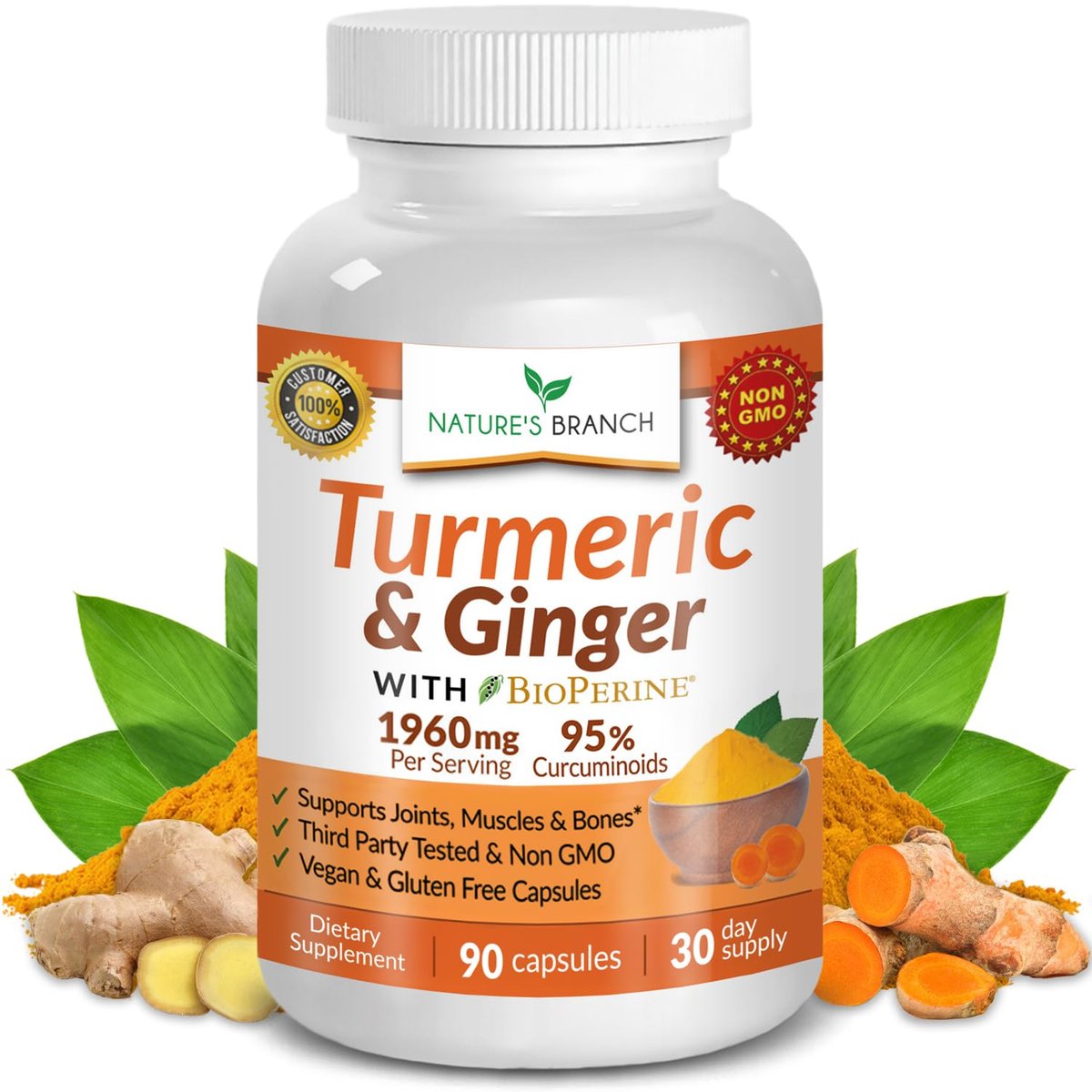 Kurkuma und Ingwer Kapseln für Gelenkunterstützung & Muskelkomfort – 1960 mg Bio Kurkuma Curcumin mit BioPerin Schwarzer Pfeffer Extrakt für Männer & Frauen, 95% Curcuminoide, Vegan & Nicht-GMO – 90 Kapseln