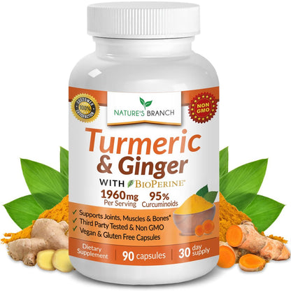 Kurkuma und Ingwer Kapseln für Gelenkunterstützung & Muskelkomfort – 1960 mg Bio Kurkuma Curcumin mit BioPerin Schwarzer Pfeffer Extrakt für Männer & Frauen, 95% Curcuminoide, Vegan & Nicht-GMO – 90 Kapseln