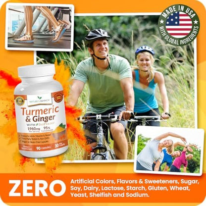Kurkuma und Ingwer Kapseln für Gelenkunterstützung & Muskelkomfort – 1960 mg Bio Kurkuma Curcumin mit BioPerin Schwarzer Pfeffer Extrakt für Männer & Frauen, 95% Curcuminoide, Vegan & Nicht-GMO – 90 Kapseln
