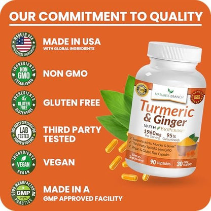 Kurkuma und Ingwer Kapseln für Gelenkunterstützung & Muskelkomfort – 1960 mg Bio Kurkuma Curcumin mit BioPerin Schwarzer Pfeffer Extrakt für Männer & Frauen, 95% Curcuminoide, Vegan & Nicht-GMO – 90 Kapseln
